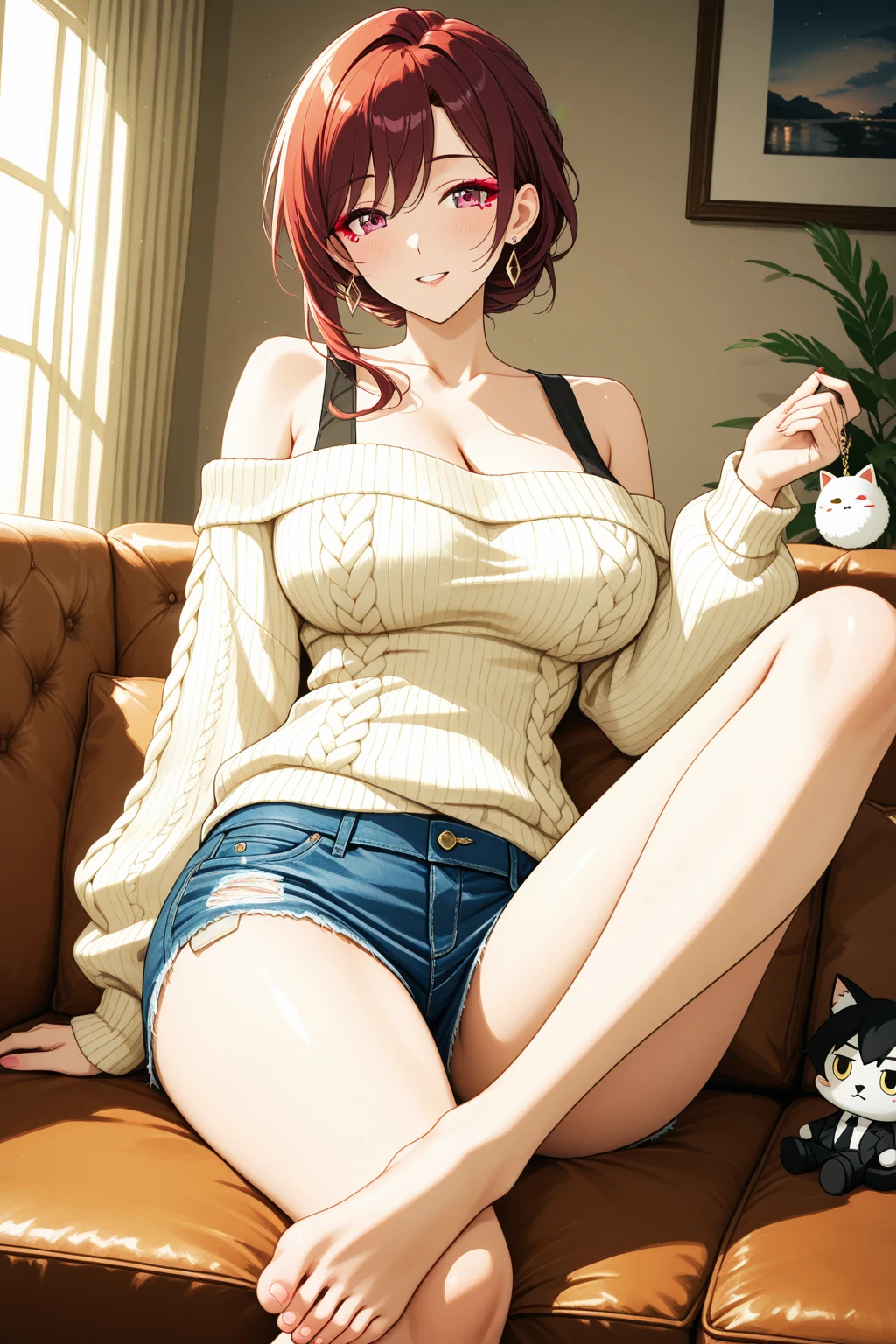 ((Best Quality)), ((Masterpiece)), (detailed), anime girl, red off shoulder sweater, white panties, (campo floral), good lighting, blush, shy smile, White socks, whole body (big breasts, muslos detaileds), in a hurry