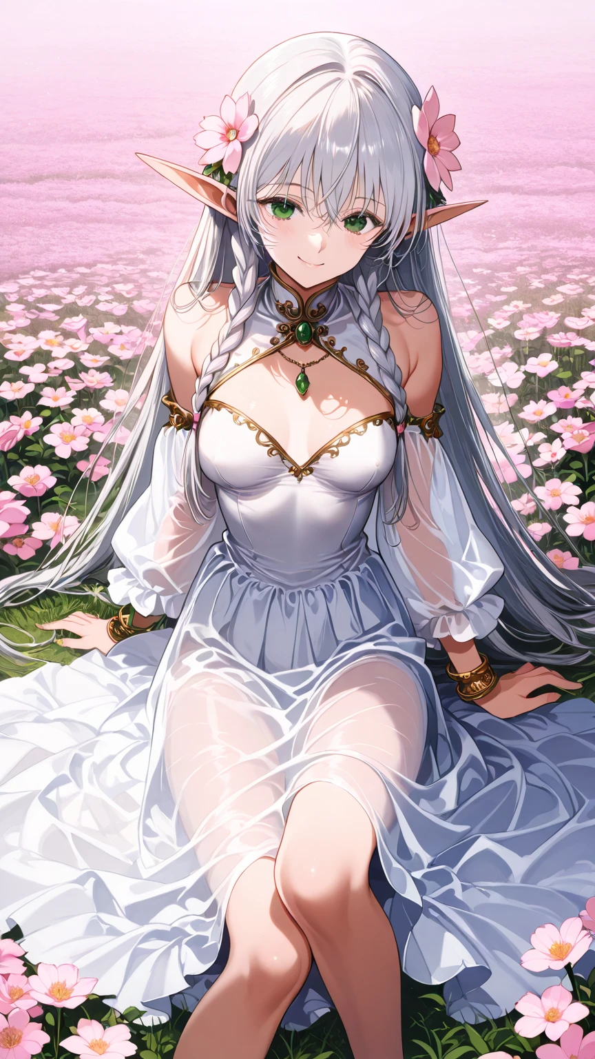 best quality, 30-year-old female, Medium breasts, Brown long hair, blue eyes, tight white dress, Sunset, Upper Body, Sexy, Angelic, Thin fabric, see through, Divine Light, Fluffy clouds, Colorful flower fields,