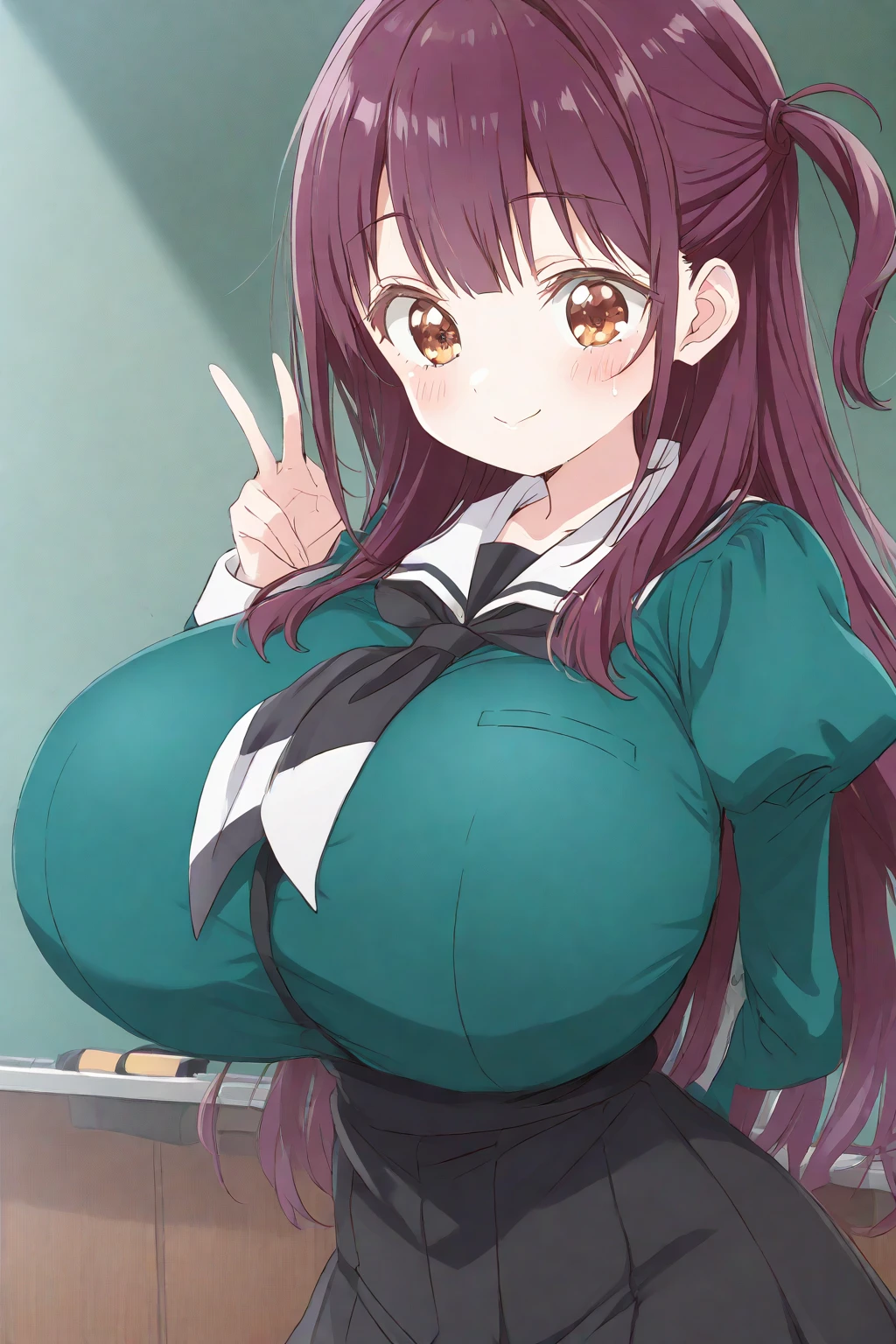 A Cute Young Girl, with (Lush, Medium Length Hair), ((Dark-Brown Hair)), (Big Beautiful Brown Eyes), Absolutely Enormous Breasts, Thick Thighs, and is Extremely Plump. Wearing an ((Off-white sweater)), a ((Cute Green Pleated Skirt)), and (Black Square Glasses, with a Thick Frames). Inside a Modern House, with wood paneling on the walls. Extremely Overinflated Breasts,