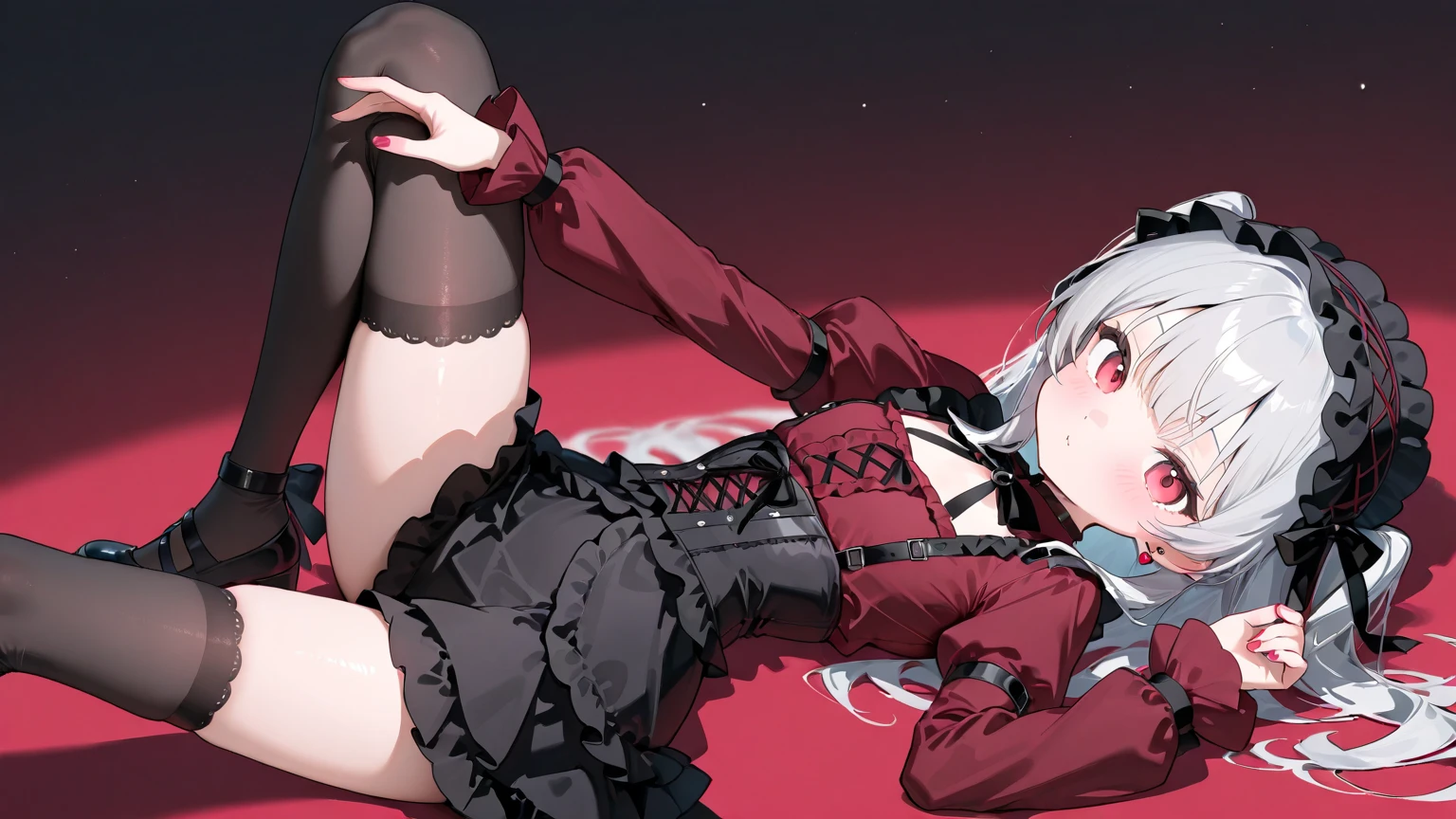 Kanzaki Ranko, silver hair, twin drills, naked, lying on the floor, nipples, legs spread in an M-shape, pussy being pounded from below with a thick rod with protrusions, arms hanging, legs restrained by a machine, armpits, mouth open and drooling, machine rape, blindfolded, rod inserted deep into vagina, drooling, small breasts, rod thrust into pussy