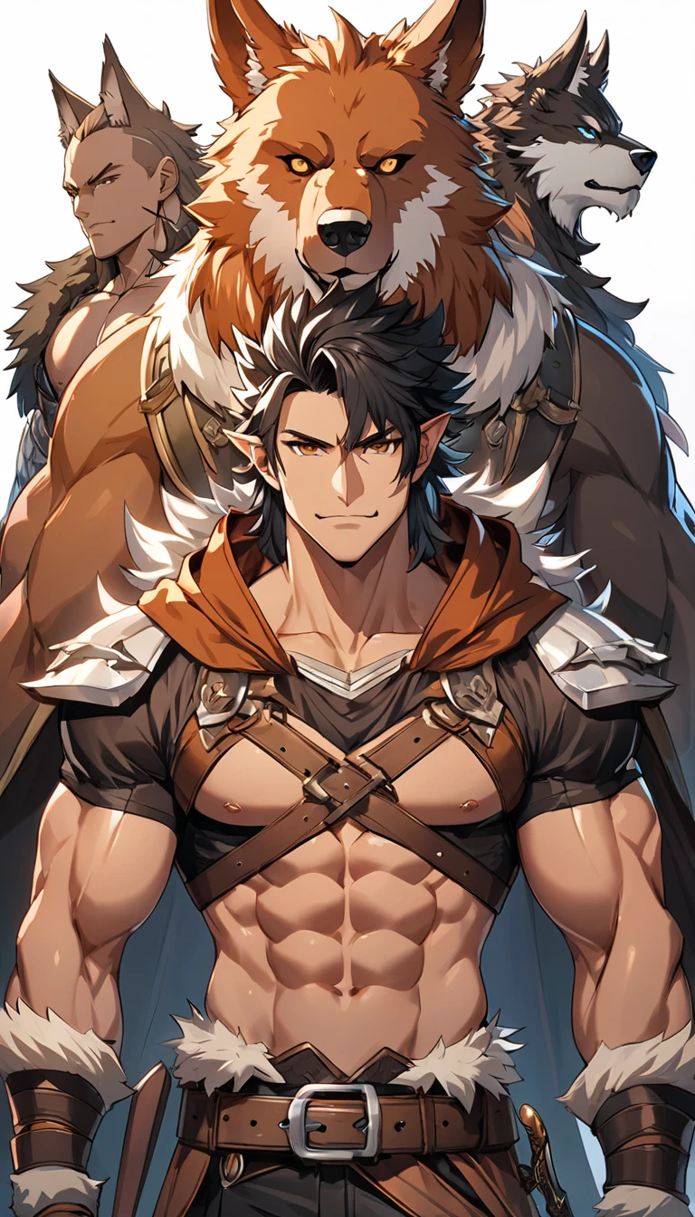 a strong and agile dark-skinned man, with an athletic and muscular build. He usually wears a black tunic decorated with panther motifs..., y un collar de cueros y huesos. His presence is imposing and his penetrating gaze denotes wisdom and power.... Besides, He has the ability to communicate with panthers through a secret language and flow in harmony with their animal spirit... His connection with nature and his wild instinct make him a formidable hunter and protector of his territory....