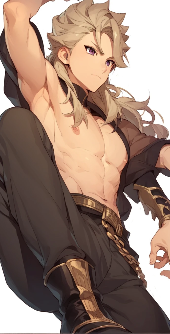 1boy, bangs, (pointy horns), (brown_hair), (golden earrings), male_focus, (big detailed_eyes),(muscular male), streaked_hair, (bare shoulders), (abs), collarbone, (lying),spread legs,(((male_focus))),(boxer briefs),navel,((wet)),on_back,on_bed,pectorals,pillow,male erection,sleeping,toned,toned_male,(Eachcolorblockisclearlydistinguished:1.1),city_lights,lamp,lapels,god rays