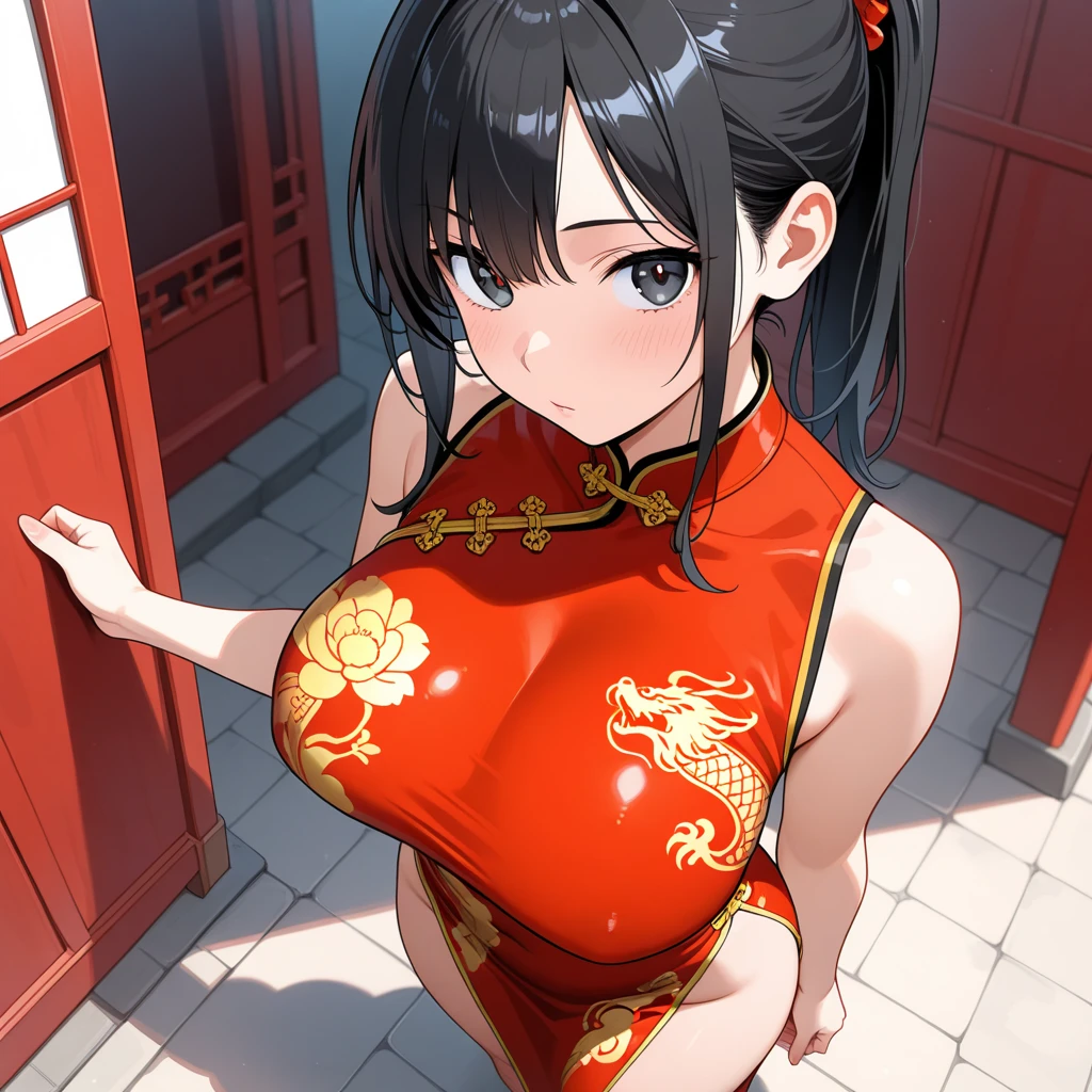 score_9, score_8_up, source_anime, solo, 1girl, dress, big breasts, young, ikuchan, black hair, black hair, oriental, Chinese dress, short dress, indoors, aftersex, cum drip, (impregnation risk), ovum, nice hips, pussy, thick pubic hair, ponytail, partially dressed, money, open dress, disheveled,