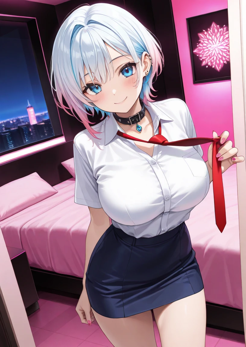 masterpiece, highest quality, High resolution, 1 girl, pink hair, very short hair, , Pink eyes, big breasts, nurse, ((ピンク色のnurseコスチューム)), embarrassed face, Bedroom at home, Sit on the bed with your crotch open, big smile, blush