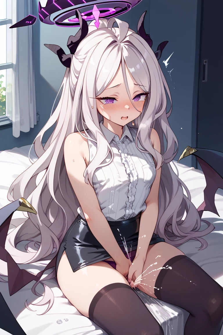 woman with cat ears, sexy, sitting cross-legged, without shoes, the clasps of her blouse open, showing her white underwear, White hair, showing his fangs coming out of his mouth, long hair, green eyed