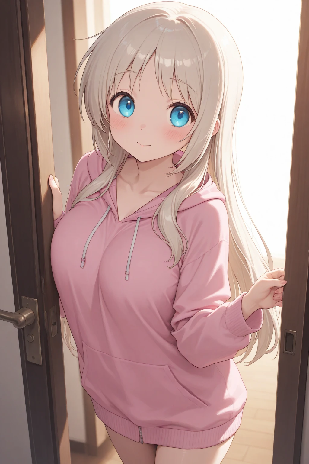 <lora:luimi_3batch_size_2epoch_700steps:1> Luimi a girl standing wearing a loose sweatshirt and blue jeans, blonde, 1girl
