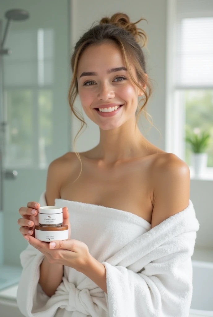 anikaxxx radiant, blemish-free skin, in a modern, stylish bathroom with soft, warm lighting. Wear a hair band, leaving his face completely visible. He is applying a white face cream while smiling , reflecting satisfaction and well-being. In the background, beauty products are seen well organized in a clean and tidy environment. The image conveys relaxation, self-care and a focus on natural beauty.
