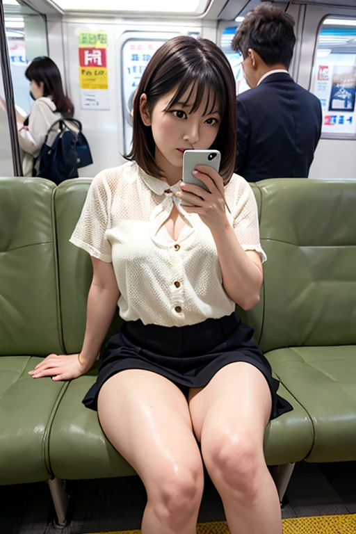 Attractive Japanese Woman, Cute face, nudity, naked, thighs, Inside the train,smile, pubic hair
