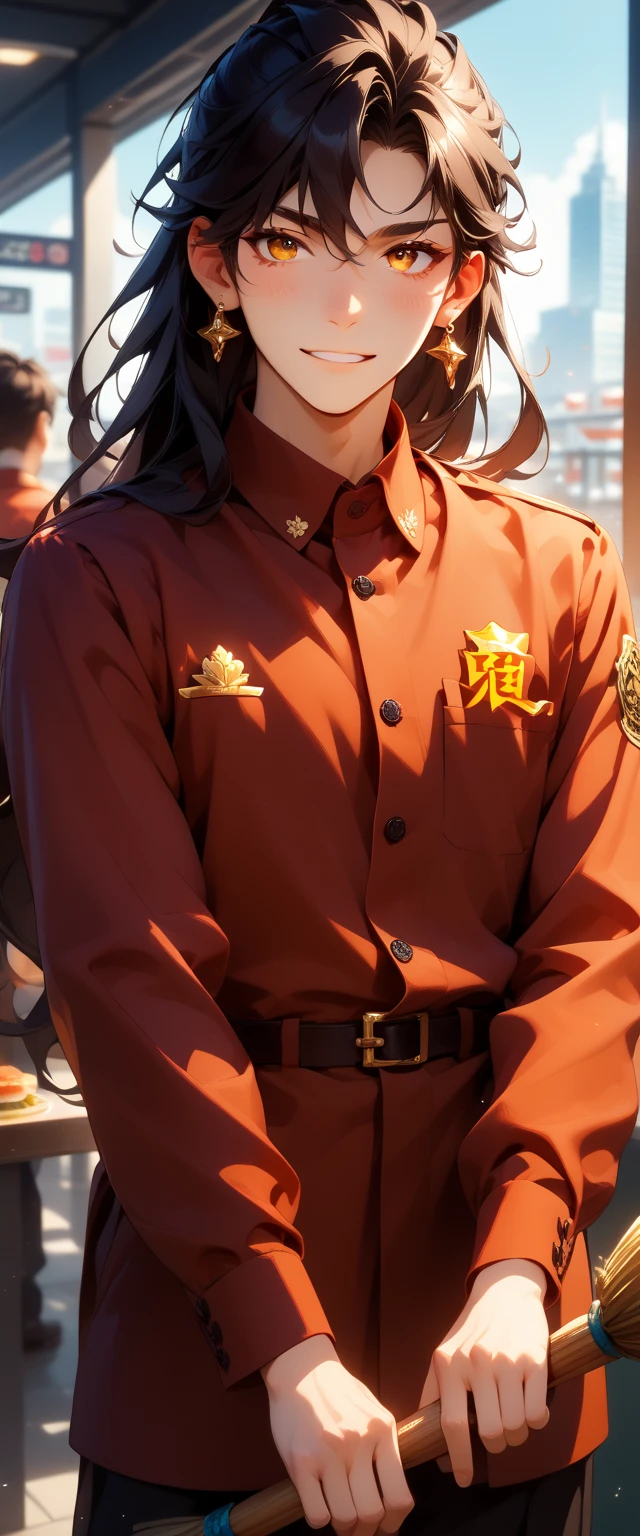Hyperrealism, Blender-quality, A 25-year-old Japanese man with model-like features, awkward in a McDonald’s uniform, holds a broom like it’s beneath him. His expression is deadpan and mildly horrified — pure “How did I end up here?” energy. Beside him, a cheerful girl with long hair in a matching uniform watches him with barely concealed amusement and curiosity, one eyebrow raised, mid-sip from a drink. Behind them: a blurred city skyline. The whole scene radiates awkward charm — like the cover of a workplace romantic comedy where privilege meets minimum wage.