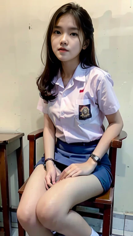 (masterpiece, best quality), 1girl, 1girl, cewe-sma, white shirt, gray skirt , belt, class room