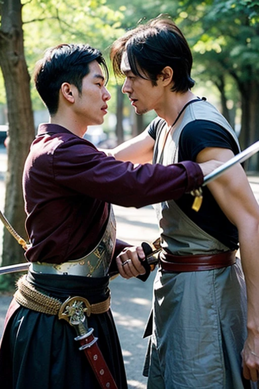 Samurai armor, Japanese handsome guy, Gay hugging, Samurai, The History of Homosexuality in Japan, topless, top-knot hairstyle, standing, Full Frame, Professional Lighting, Japanese temple background.