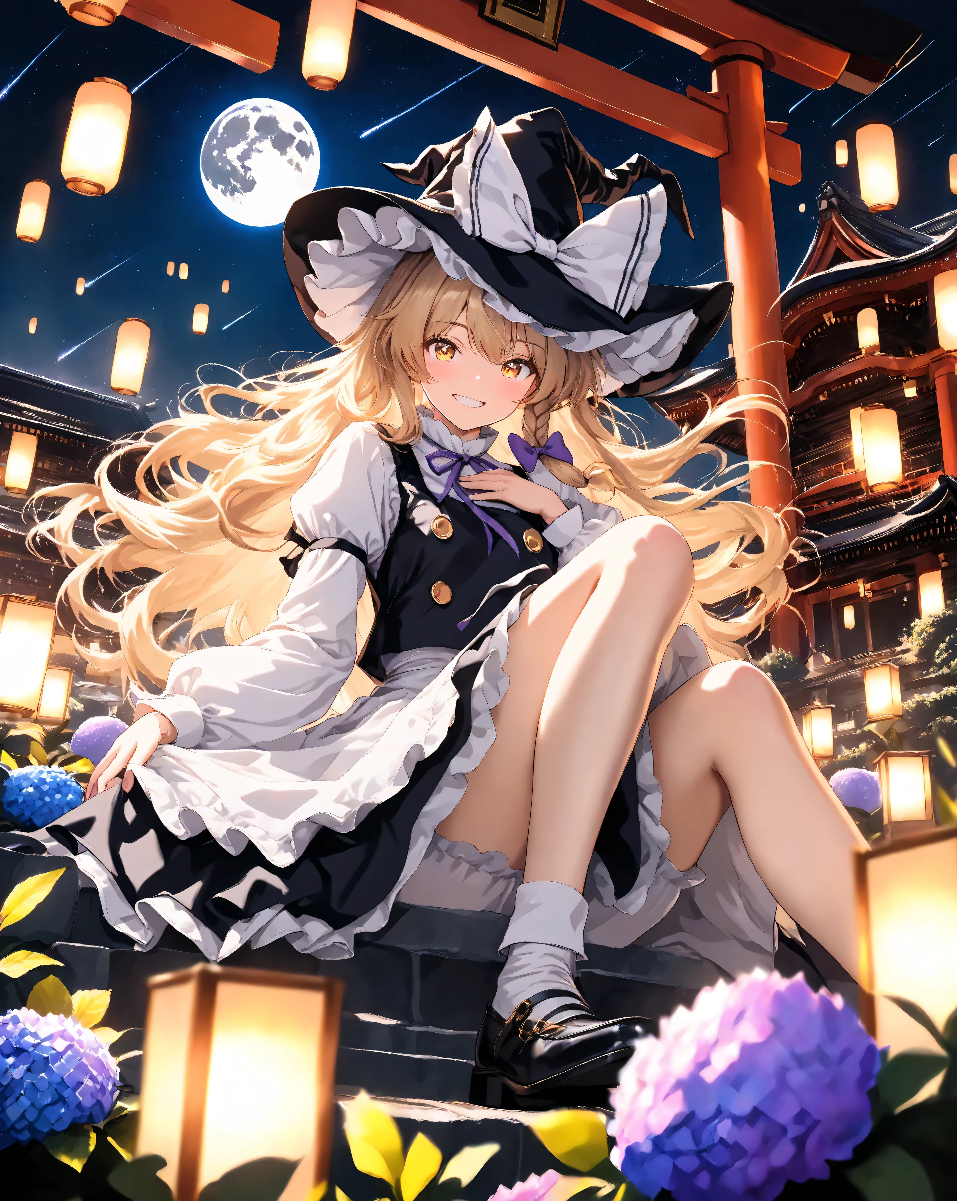 Quality:
(high score), (masterpiece, detailed:1.2), (ultra-detailed), (ultra-quality), (super-resolution), (detailed-background),

Art Style:
(photorealistic):1.4, (2.5D):1.5, (golden hour lighting):1.6, (warm cinematic lighting):1.5, (volumetric light rays):1.4, ray tracing, (depth of field), (vibrant sunset pastel palette):1.3, dramatic angle, (ethereal atmosphere):1.2, (dreamy aesthetic):1.1, (glowing lights), (serene), (mystical atmosphere)

Subject:
(touhou kirisame marisa):2.0, 1girl, (young girl):1.3, (cute):1.3, (Place hand on chest):1.3, (childlike joyful grin):1.5, playful expression,
(blonde hair), (medium-long hair), (braided hair), (hair bow), detailed strands of hair, silky smooth texture, flowing like it flutters in the wind, natural shading and highlights,
look at viewer, (golden eyes), (delicate vivid eyes), (delicate and moisturized lips),
petite, short stature, (Slender body lines):1.5, graceful knee lines, natural and beautiful leg lines, delicate body contours,

Clothing:
(touhou kirisame marisa's outfit):2.0, (witch's hat):1.8, (purple ribbon on hat), (white frilled blouse), (dark vest), (white apron), (dark skirt), (purple ribbon on skirt), (white pantaloons), (black shoes),

Background :
(night), (full moon), (shooting stars), (ancient Japanese shrine):1.5, (festival atmosphere),
(foreground: glowing lanterns on stone paths), (foreground: lanterns hanging from eaves), (foreground: vibrant hydrangeas),
(midground: shrine main hall), (midground: torii gate),
(background: starry night sky), (background: large moon)