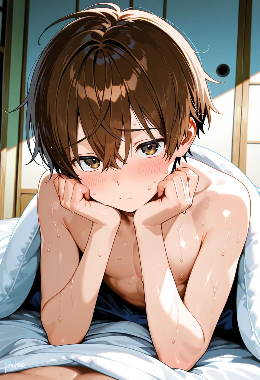 High resolution, masterpiece, The best quality at its best,最high quality,high quality, Height Details, One boy, Brown Hair, Messy Hair, Side bangs, Shota, Sweat, Upper Body裸, Upper Body, Depth of written boundary, animeScreencapStyle, Fine Lines, View from the front, Sitting in a chair, A cute boy, (Show your armpits:1.3), (Very small、he is short), (Very young), S, Blurred Background