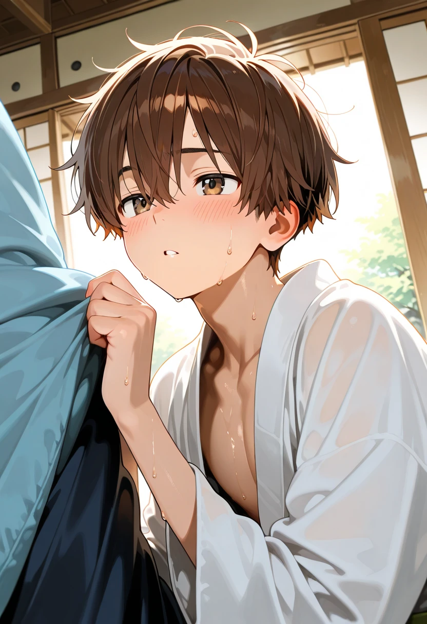 A naked middle-aged man is standing and embracing and forcibly kissing a naked cute girl with modest pubic hair and a black bob who is crying and struggling to escape with her eyes wide open in disgust、classroom