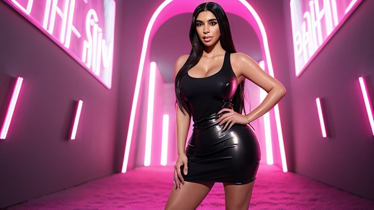 Gorgeous Italian mature woman, TV presenter, long thick shiny black hair, black eyebrows, long black eyelashes, sophisticated make-up, tanned skin, big doe eyes, beautiful full mouth, fine facial features, athletic shape, perfect body, generous shape, strong breasts, firm muscular body, long beautiful shiny legs. She wears a formal, classy, low-cut mini-dress and shiny black pointed pumps. She exudes sensuality and charm. She is standing on a TV set presenting a show. She's 1.67m tall, wearing heels. She is shown in full in the photo. 