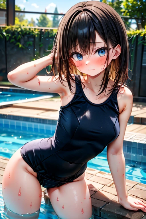 (((Perfect Anatomy, Anatomically correct, Very detailedな肌))), 1 girl, Japanese, high school girl, Shiny skin, 
Beautiful Hair, Beautiful Face, Beautiful fine details, (short hair:1.1, Bobcut:1.2), Dark blonde hair:1, blue eyes, Baby Face, Mole under the eye, 
Beautiful clavicle, Beautiful body, Beautiful breasts, Large Breasts:0.5, Beautiful thighs, Beautiful feet, 
((Navy school swimsuit, Navy one piece swimsuit, barefoot)), Captivating thighs, , 
((Ahegao, Embarrassing, Drooling, Open your mouth, Sweaty)), ((squat, Spread your legs, Roll up the skirt yourself)), 
(Beautiful views), summer, School rooftop, building, Chain link fence, 
8k, highest quality, Masterpiece​:1.2, Very detailed), (Realistic), Beautiful illustrations, Natural light, Is urinating