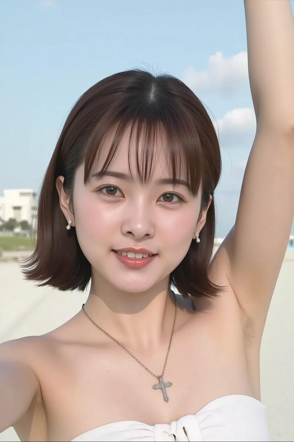 summer, Beach, One woman,10 years old,Sunburn,((Full nudity)), Abdominal muscles,((Anatomically correct nipples)),((Mischievous Smile)),Flat chest,whole body,Model-like pose,Shortcuts,Very short hairstyle,Healthy Beauty,Muscular
