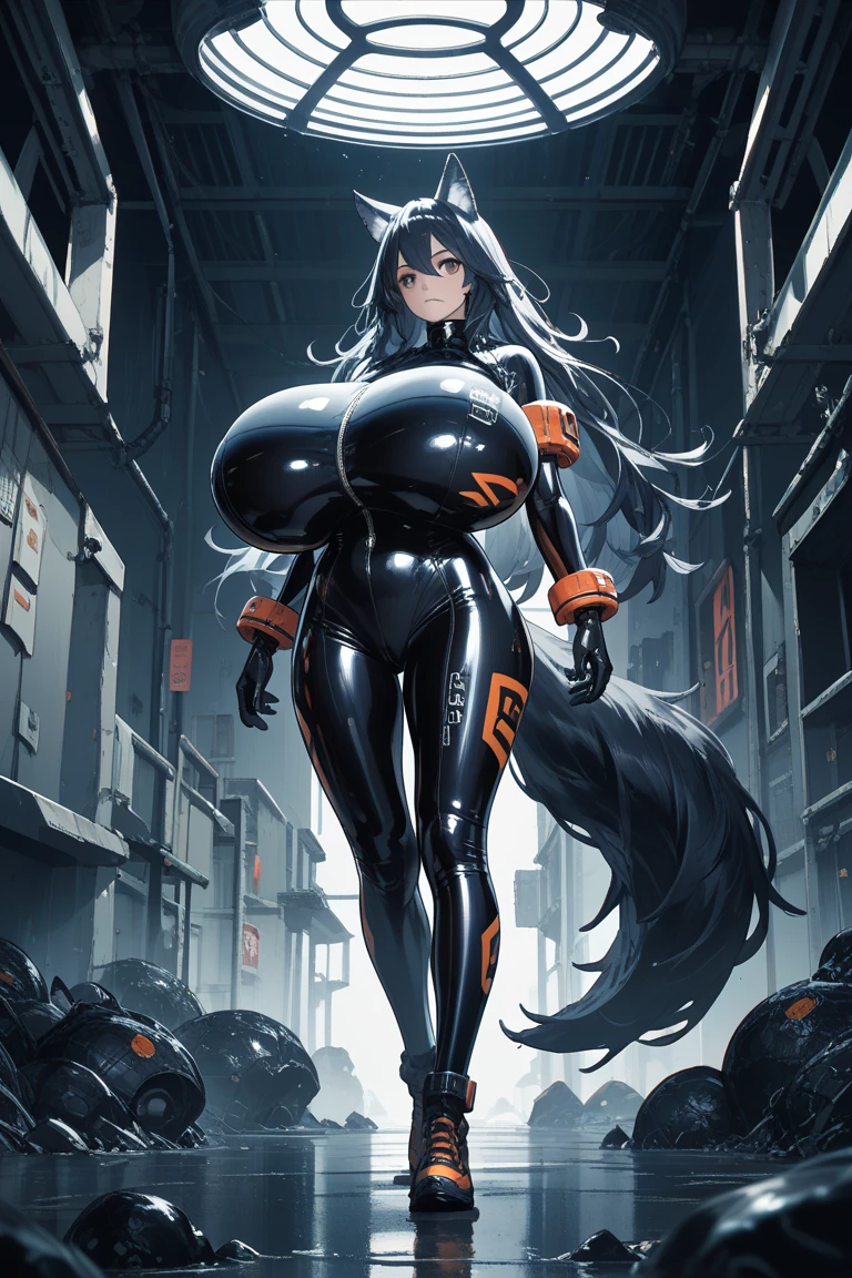 ((full body):1.5) {1/woman:Wearing a black outfit with gold parts ((Very hard on the body):1.5), ((Has very large breasts):2), Very short blue hair is very smooth, green eyes, ((Looking at the viewer while standing in a sexual pose):1.3), Red lipstick on the mouth, holding futuristic weapons}. (({Metal Robot})): Rear only {1/woman} Stay up all night. In a futuristic city, It's night, It's raining heavily. hyper realism, 16k, masterpiece, anatomically correct, Award history, ((最high quality, high quality):1.5), advanced details, UHD