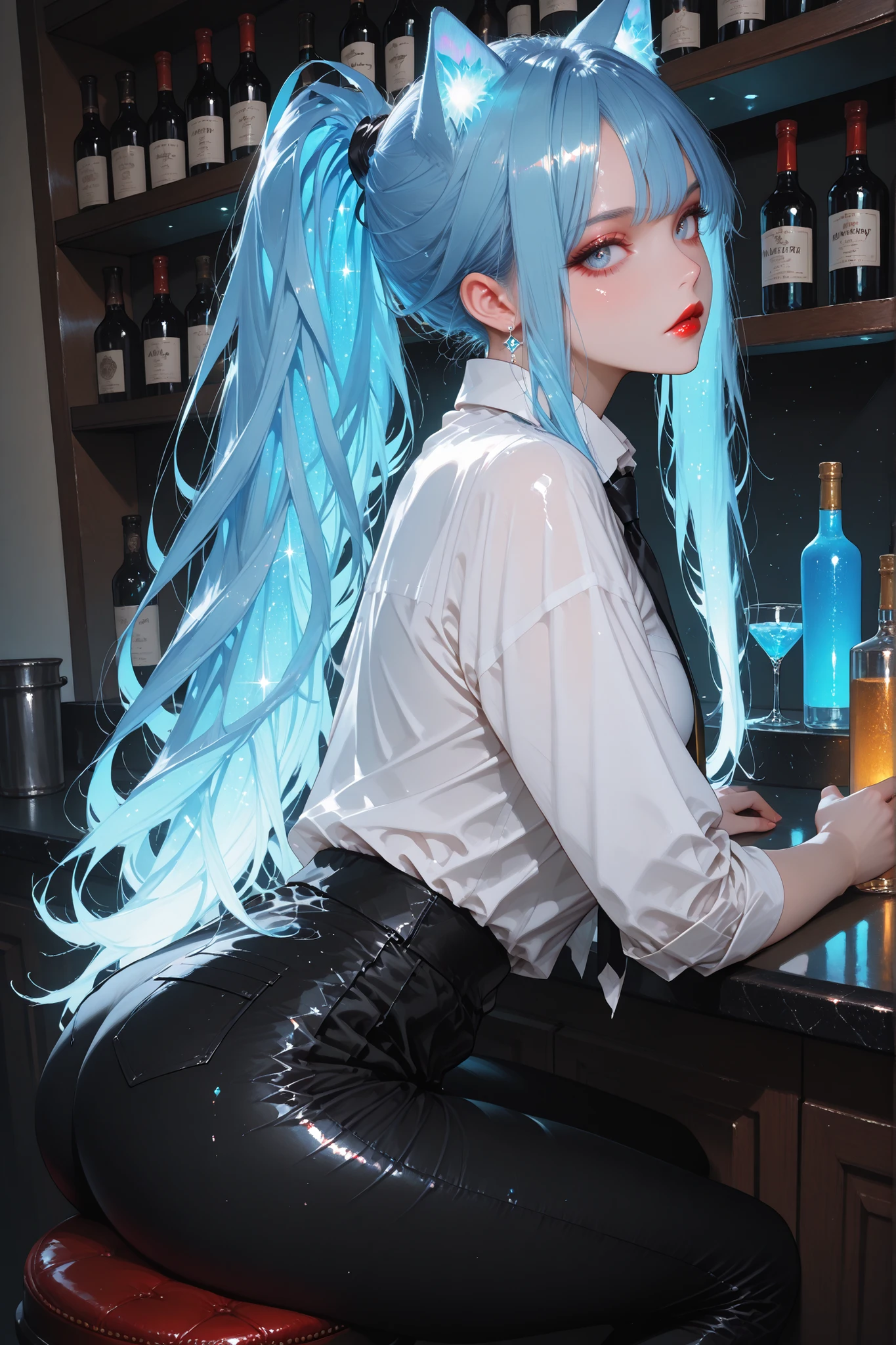 masterpiece, best quality, bright, very aesthetically pleasing, high contrast, newest , 1 divinely beautiful woman Necko, girl with cat ears and a ponytail, bartender, sits behind the counter at the bar, hair tied in ponytails, blue hair, shiny hair, wearing a beautiful white shirt, black pants, and a black tie, dynamic pose, dynamic angle, dynamic composition, bright colour, glowing hair, shiny blue hair, bright red lips, soft ambient lighting, The next level is sophistication and refinement, super detailed, more texture, glitter brightness