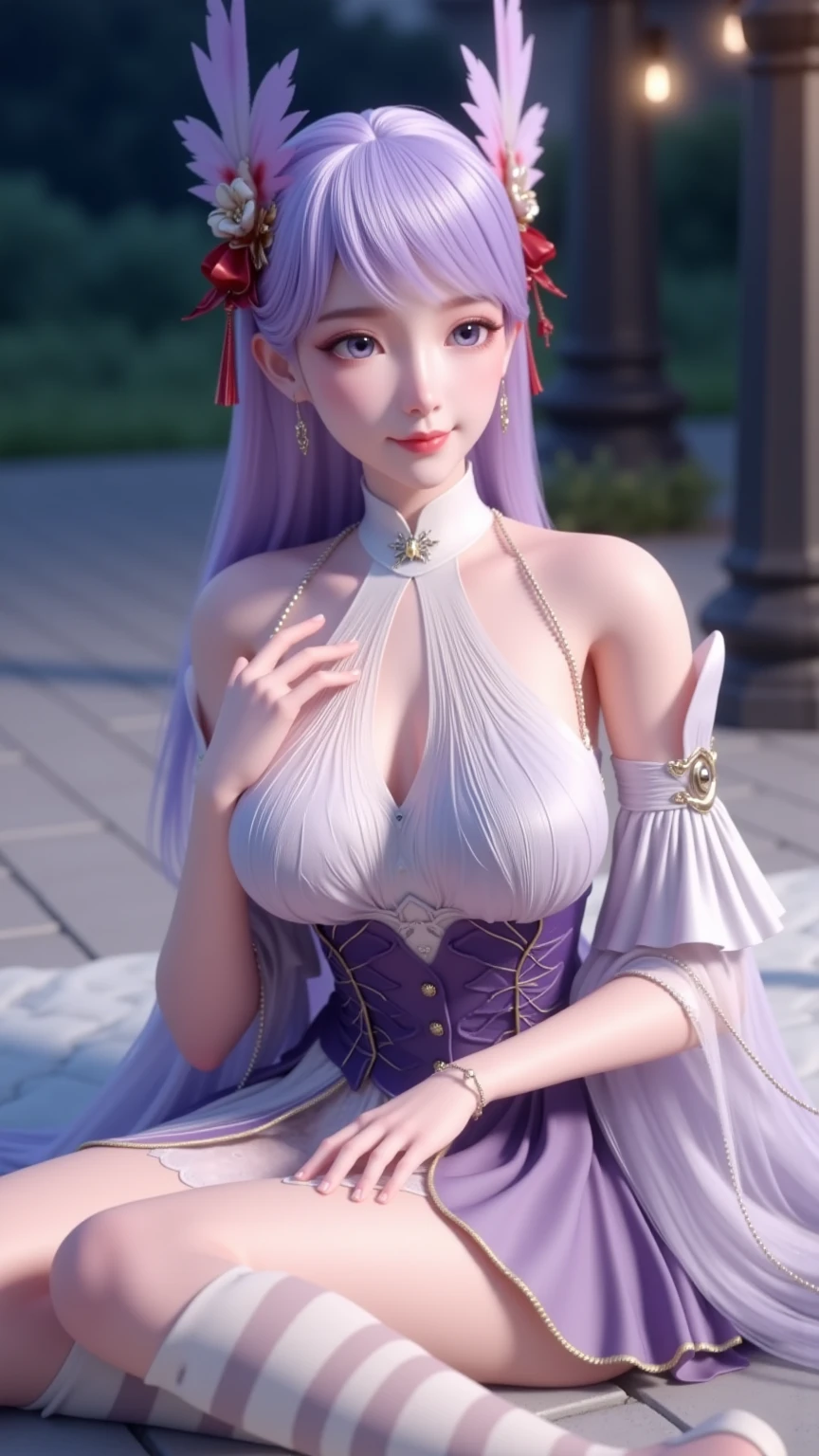 a really beautiful Japanese woman smiling with big sagging breasts posing as Emilia from RE:ZERO with long silver hair, purple eyes and curvaceous body, cleavage, realistic and detailed eyes