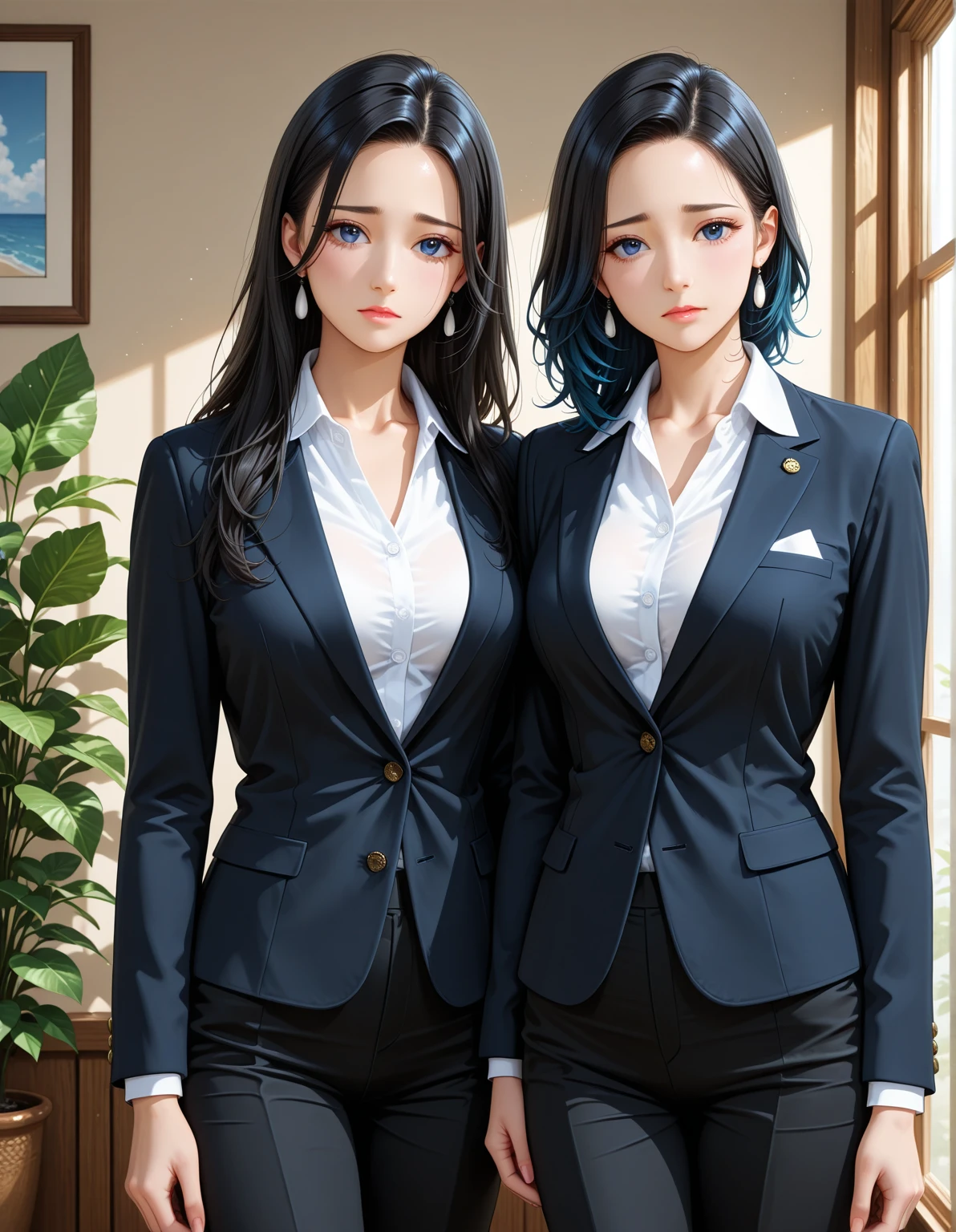 #Basics A girl is posing for a photo, animeのかわいい女の子, (((One Girl)), ((Baby Face)), ((Young girl)), ((16 years old))),
#Clothing Accessories
((Sky blue business suit : White dress shirt + Red tie + Sky blue suit vest + Sky Blue Suit Jacket + Gold frame + Sky blue suit slacks), Black high heels), Gold Hoop Earrings, Silver Necklace,
#Features
((Black Hair)), (Curly Hair), (Long Hair : Long Hair + Fuller, Increased hair volume + inward curl hair + Hair blowing in the wind),
(Very thin eyebrows:0.5
(Droopy eyes, blue eyes), (Small breasts),
#background environment
(noon、(Sunny office interior, Modern Office, transaction machine)),
#Facial Expression Pose
((smile (A strong and confident pose, I'm sitting at my desk with my chest out)),
#composition
((To the camera, Angle from the front, Cowboy Shot:1.4)),
break
#Body parts elements
(Detailed Hair, Beautiful Hair, Shiny Hair),
(double eyelid, Long eyelashes),
(Expression of fine eyes, Beautiful and delicate eyes, Sparkling eyes, Eye Reflexes, Glitter Eyeliner),
(Human Ear),
(Beautiful Nose, Thin Nose),
(Glossy Lips, Beautiful Lips, Thick lips, Glossy Lips, Natural Cheeks),
(Detailed face, Symmetrical facial features),
(Detailed skin, Textured skin, Beautiful Skin, Glowing Skin),
#quality
(((最高quality)), ((masterpiece)), ((Very detailed))), ((High resolution), (16K,1080P)),
(Realistic), (Anatomically correct),
((comics, anime)), (3DCG), CG illustration,