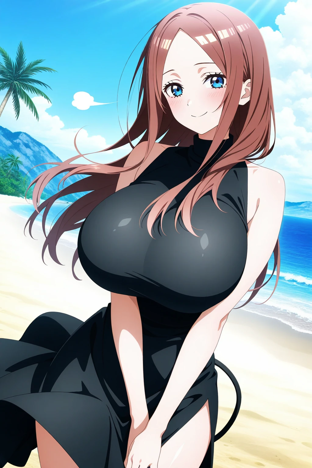 ((masterpiece, best quality, ultra-detailed)), 1girl, beautiful woman on the beach, smiling, blush, wearing black beach bra and maxi pencil skirt, necklace, bracelet, wavy red hair, leaning forward, summer, beach