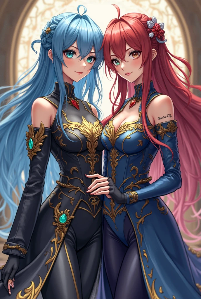 Two female elves,Equal stature,One red and one blue,face to face,hold each other tight,face to face,at a forest