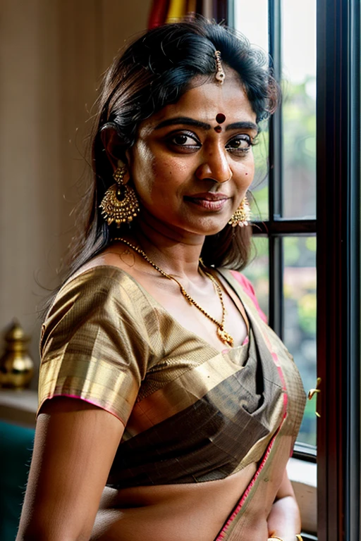 Foto RAW, photorealistic, photography, full body shot, 60 years old Woman, mascara, eye kajal, juicy figure, master shot, perfect eyes, goddess like beauty, pierced eyes, perfect thick chubby mallu Desi aunty bhabhi, Wearing a Stanapatta, a chest-band.Saree model, model Photography, Indian saree shoot, Indian traditional wear advertising photography, traditional wear brand shoot, face of Indian Bollywood actress Kajol Devgan, masterpiece, realistic, realism, incredible details,  pleasure, photorealism, detailed skin, skin pores, high contrast, photorealistic Artstation 8k HD digital art trend of high definition and detailed realistic skin texture, ultra detail, realistic skin texture, armature, best quality, ultra high definition, (photorealistic:1.4),, high resolution, detail, raw photo, sweat, Re sharp, by Lee Jefferies Nikon D850 Film Stock Photo 4 Kodak Portra 400 Camera F1.6 Lens Rich Color Ultra Real Realistic Realistic Textures Dramatic Lighting Unreal Engine Trending at Art Station Cinestill 800,(pele altamente detalhada: 1.2), 8k UHD, DSLR, soft-lighting, alta qualidade, grain of film, Fujifilm XT3,she didn't like to wear blouse or bra, she is happy to wear only saree, she hates blouse or bra, highly detailed hairy armpits, hyper realistic skin, skin pores, sweat, veins, stubble armpits, erotic temptation, appealing figure, appealing body language, fleshy arms, horny desi indian mommy, she wants to dominate young boys by showing her tempting figure, irresistibly hot, armpits hair clearly visible, freckles 0.2, stretchmarks 0.2, Sexy mature woman's with slightly wrinkled skin, hyper real skin texture, insane details, sensual photoshoot, high level editing, highly detailed skin texture, incredible quality photography, erotic fantasy 