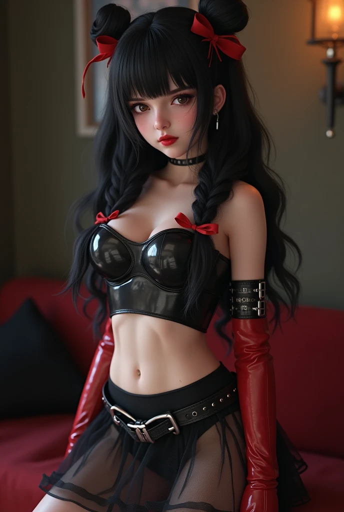 masterpiece, best quality, 1 woman, mature, Rio blue archive, red eyes, black hair, long hair, hairpin, halo, White background, hypnotized, swirling pupils, blushing, (gasping:1.5), sexy, Garter stockings, sexy lingerie, god light, pink thong, full body, hot,