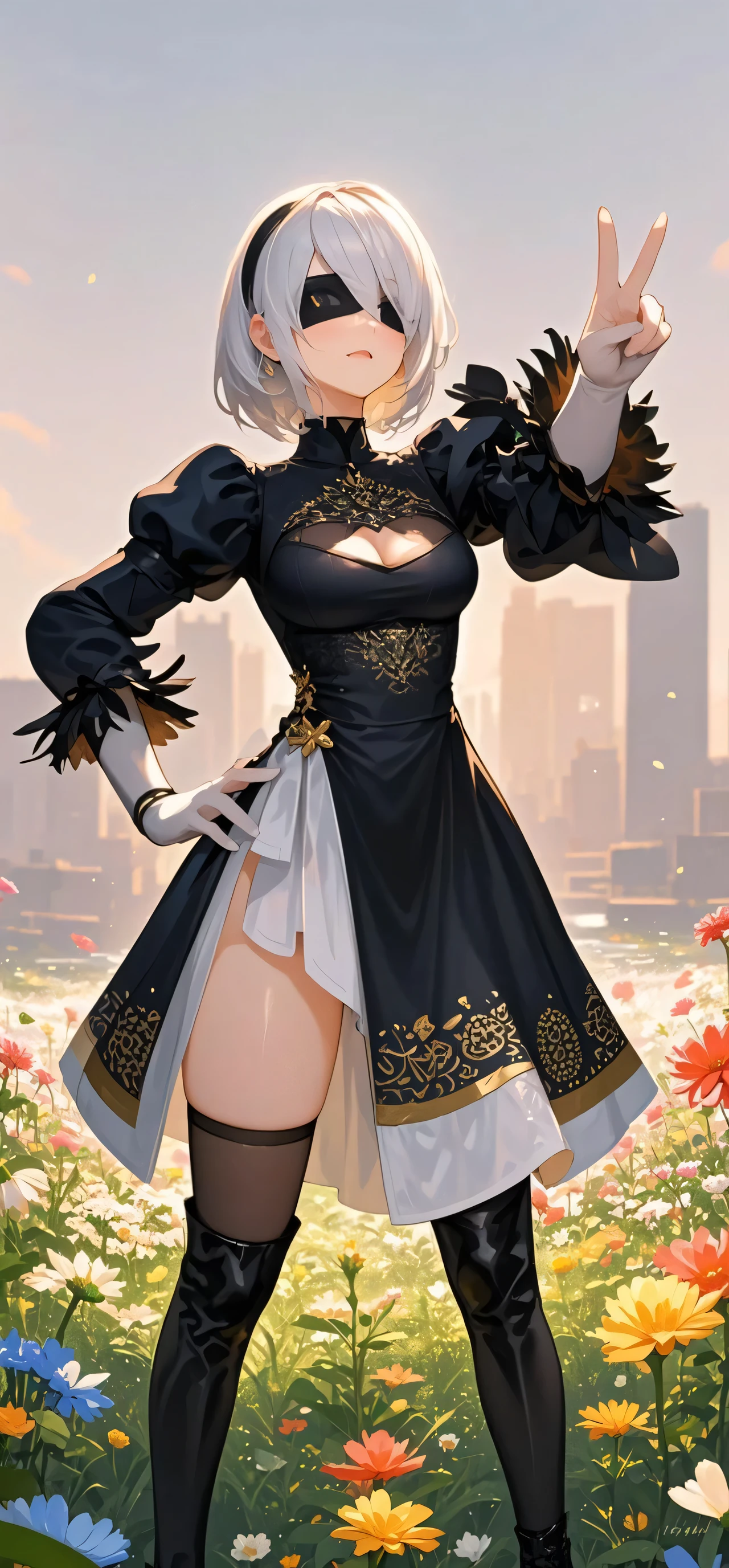 Beautiful gray hair woman is shown to have a sexy figure. She is wearing a beautiful detailed printed summer sleeveless spaghetti strap dress, jewelry, she has yellow eyes,Girl standing outside in a field, sexy session, poseing,exposed cleavage, cowboy shot, superior quality, many details, realistic