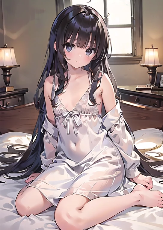 A mature woman with very long black hair with white highlights,white horns,green eyes, devil tail, Wearing just a white nightgown in a ((bedroom)), blushing,shy, medium breasts, ((night time))