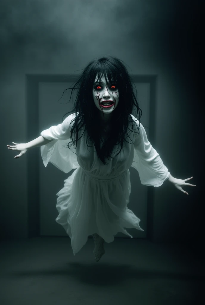 arafed woman with blood on her face and eyes in a city, horrifying grin. horror, creepy hd 4k, horror cgi 4 k, japanese horror, detailed 4k horror artwork, japanese horror movie footage, scary smile, unsettling grin, creepy evil smile, horror smile, horror image, digital horror artwork, creepy smile, scary picture, horrifying, hyper-realistic 8K fish-eye jumpscare photo of a 10-year-old ghostly mediumistic telekinetic psychic girl with Asian features, She has black hair styled in buns and is wearing a red qipao, The scene is eerie, with scary kids and ants around her large feet., The atmosphere is unsettling and spooky, designed to evoke fear, The image should be in a 16:9 aspect ratio.