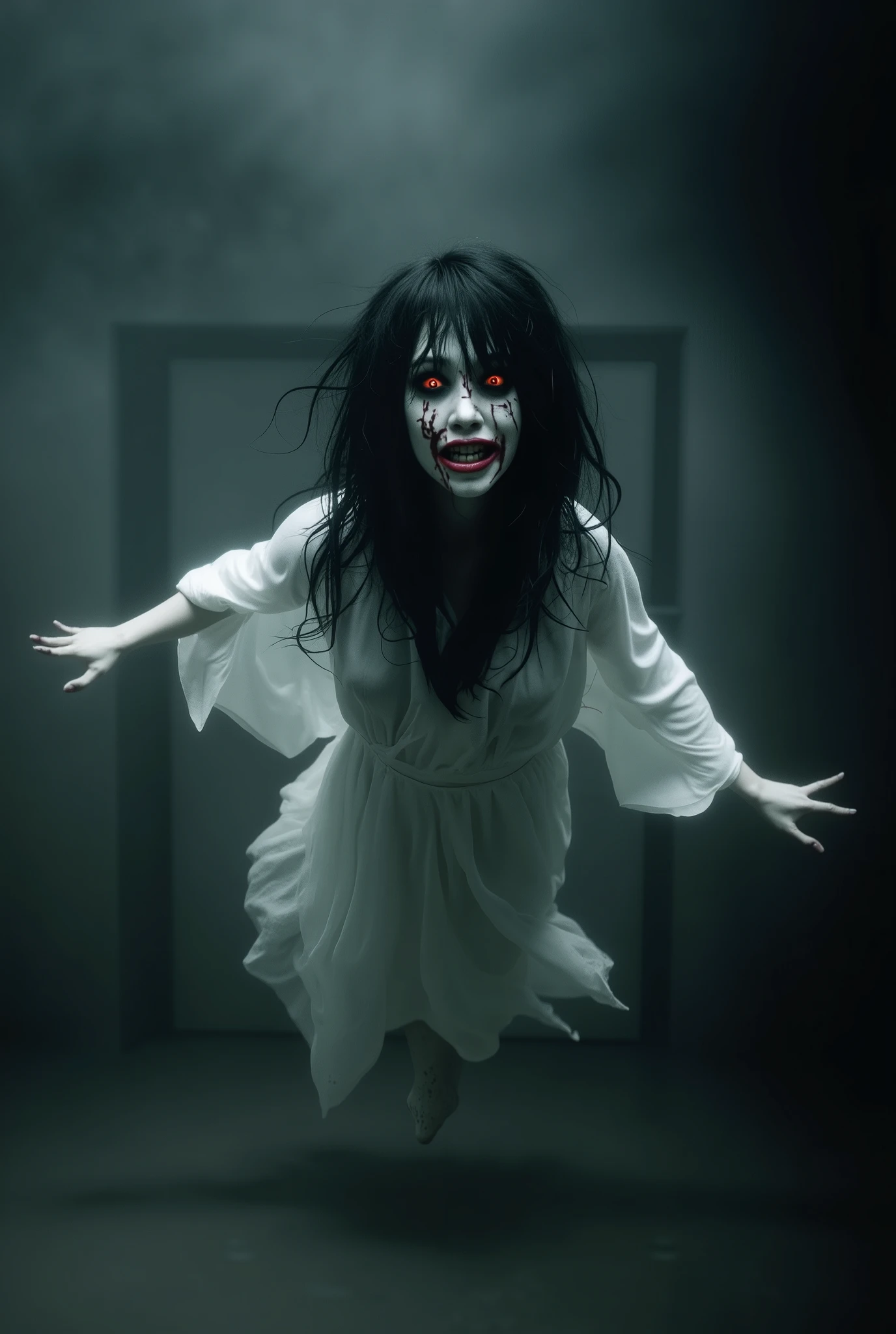 a ghost white lady, long messy black hair in white plain, messy, Glowing Red eyes, big smile, full of stitches on her face, floating on ground, High resolution, 4K, Hd image, detailed amazing picture extremely detailed CG unified 8k wallpaper, highly detailed, High-definition raw color photos, professional photograpy, Realistic portrait, black dark plain room background, foggy background,