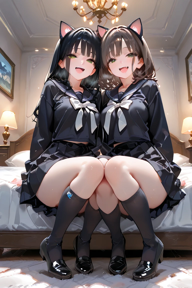 highest quality,wonderful,finely,extremely detailed CG Unity 8K wallpaper, (Two Girls),(Black Hair, Blue Eyes,double bun), (NSFW), (all fours:1.3), (vaginal,sex ), (black stockings:1.3), (Thighs:1.3), (Waistline:1.3), (from behind:1.2)