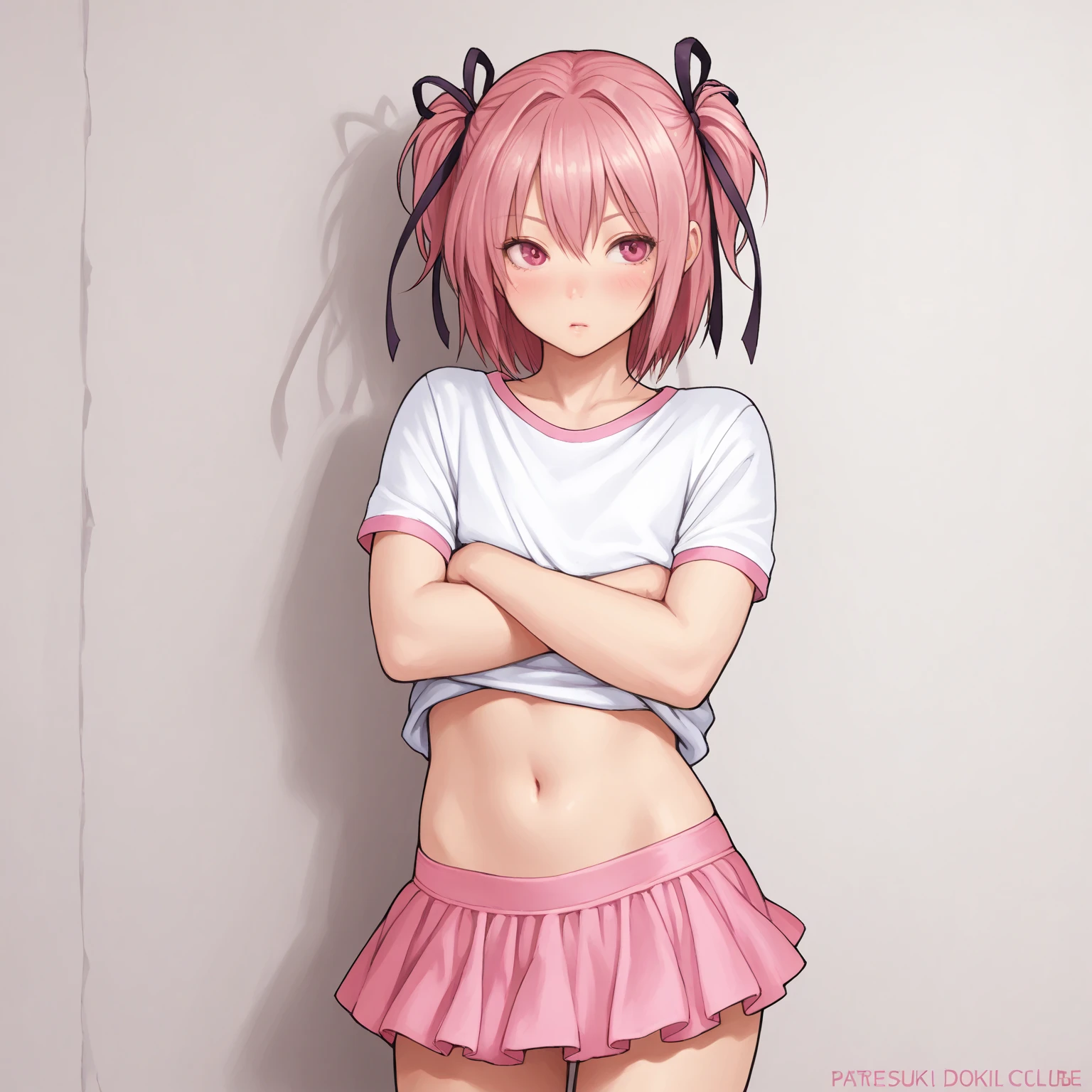 8k,masterpiece, best quality, 1 Girl，bedroom，big eyes，Loli，Slender figure，short and small，Red eyes， Light blue double ponytail， Wear a white shirt，Show your belly button，Wearing a black pleated skirt，Off-shoulder，Shy, blush，Pantyhose，Standing，Black sneakers，