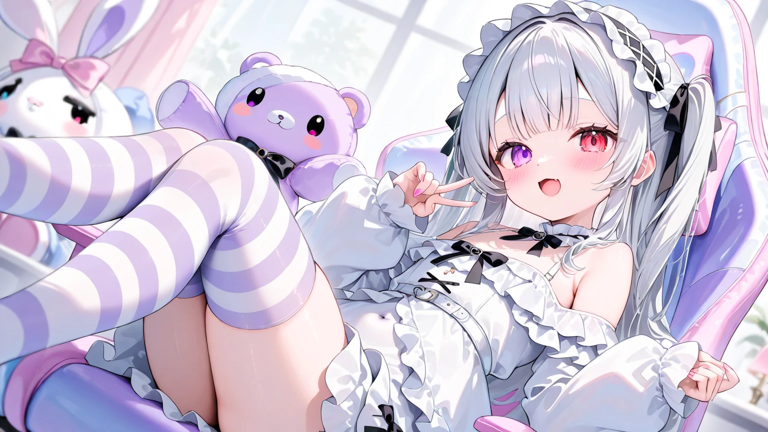 Wear very little,White fluffy hair,Pink lips,Feminine eyes,Fair skin,D-cups,Sexual organs loom,Spread your legs,White legs can be seen,Mushroom-shaped plastic toy in his mouth,,Wearing cat ears,Overlooking,Look at you affectionately,Sun-drenched queen bedroom
