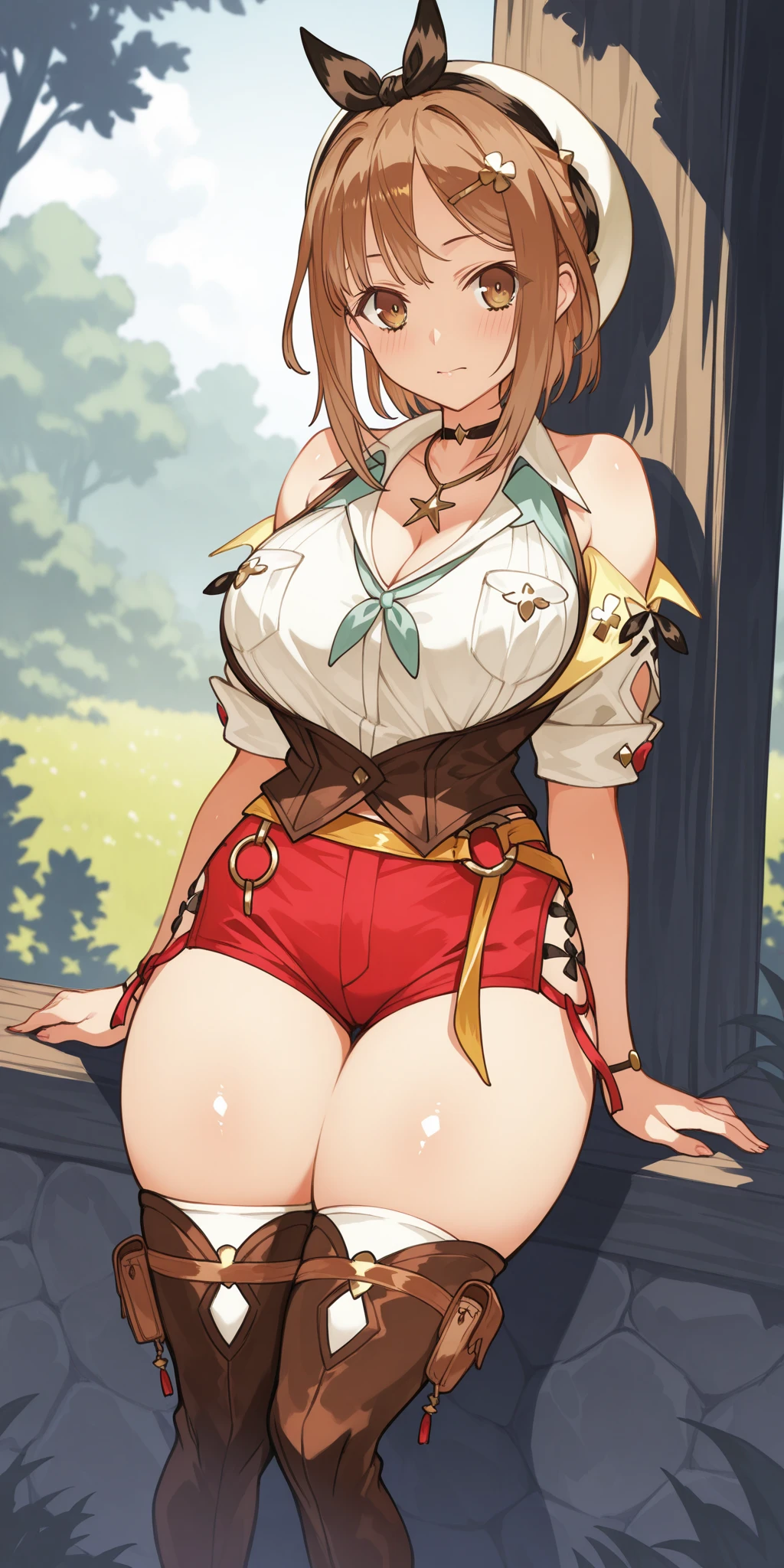 masterpiece, best quality, <lora:alexandria-nvwls-v1-000009:0.9> alexandria, hair ornament, white dress, wide sleeves, spandex pants, large breasts, from behind, ass, looking at viewer, smile, sky, forest, cliff