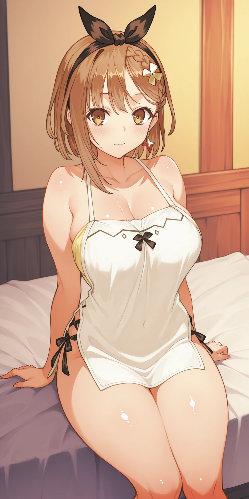 orange eyes,smile,,,,solo,,big breasts,saggy breasts,kneeling,blush,indoor,negligee,on bed,upper body,narrow waist,lingerie,hairband