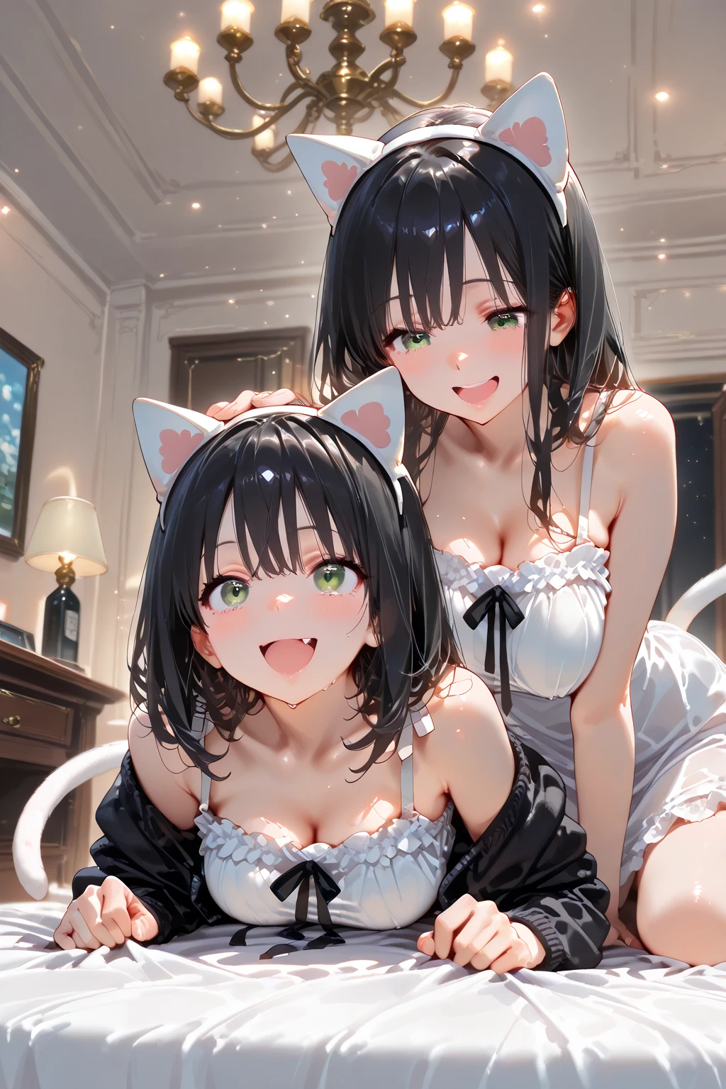 a mother cat girl with her little daughter in the bathroom, mother with huge breasts, daughter with short bob haircut, nude, smiling, beautiful detailed eyes, beautiful detailed lips, extremely detailed eyes and face, long eyelashes, photorealistic, highly detailed, 8k, masterpiece, cinematic lighting, dramatic lighting, vibrant colors, warm color palette, mother with legs open, cum, cuming