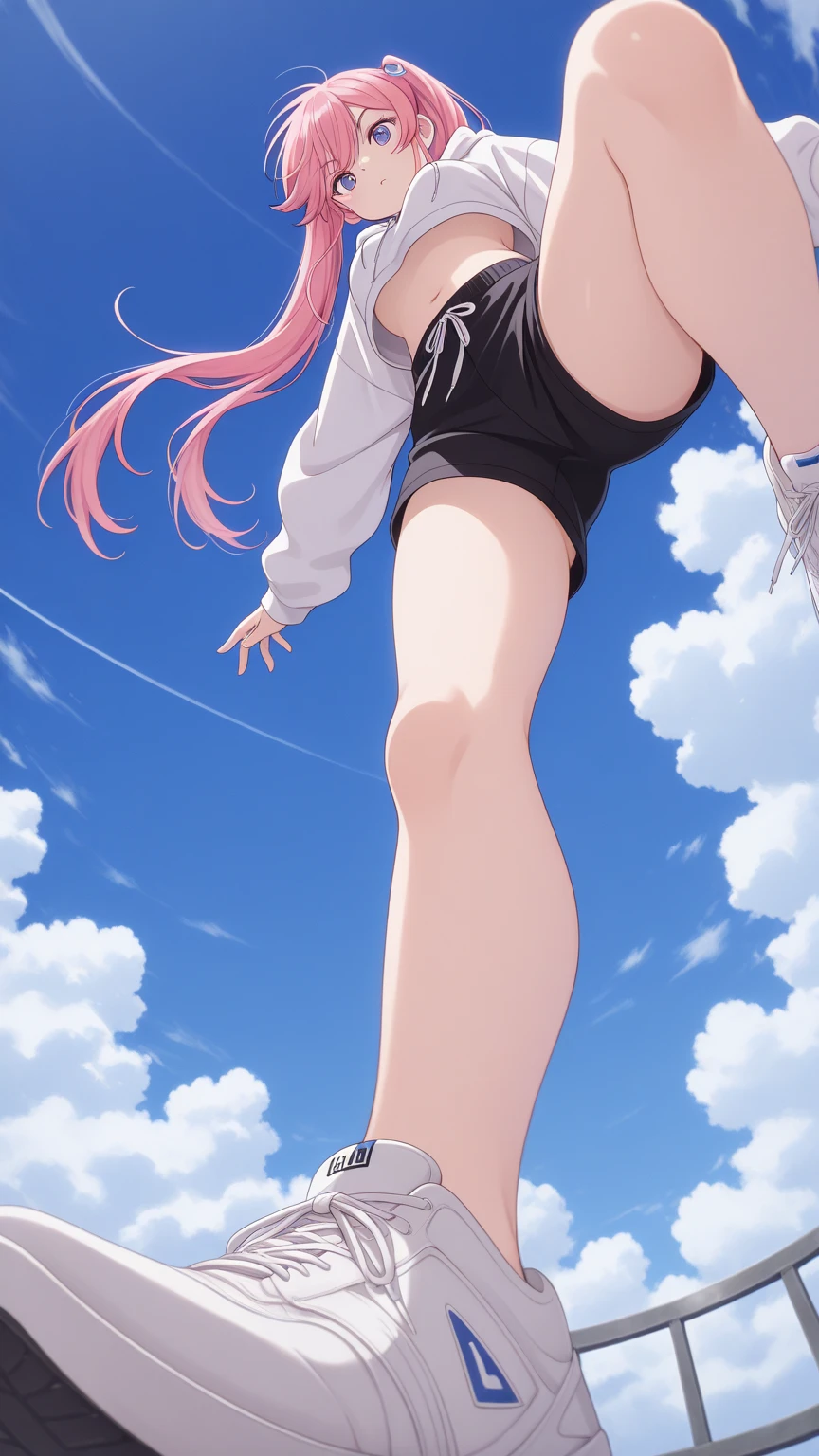 sheep、sheep毛が生えた身体、Giantessのイラスト、masterpiece、Highest quality、Giantess、Giantessのイラスト、smile、Open mouth and show teeth、beautiful身体、beautiful、Anime illustration、A small building being destroyed underfoot、Tank top、Shorts、Low - Angle、walk、Looming、I can see my feet、Draw a woman in a big way、Giantess、Hands on hips、giantess、Destroyed small town、Destroyed small building district、Smoke is rising、The fugitive々、Destructive illustration