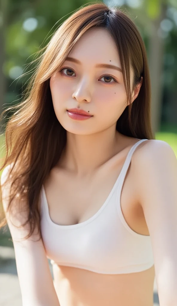 (realistic、masterpiece、Best Quality、8K、highres、high resolution:1.3)、1 glasses girl、Huge breasts、smile、white bikini、looking at viewers、super fine face and eyes、long hair、 upper body、