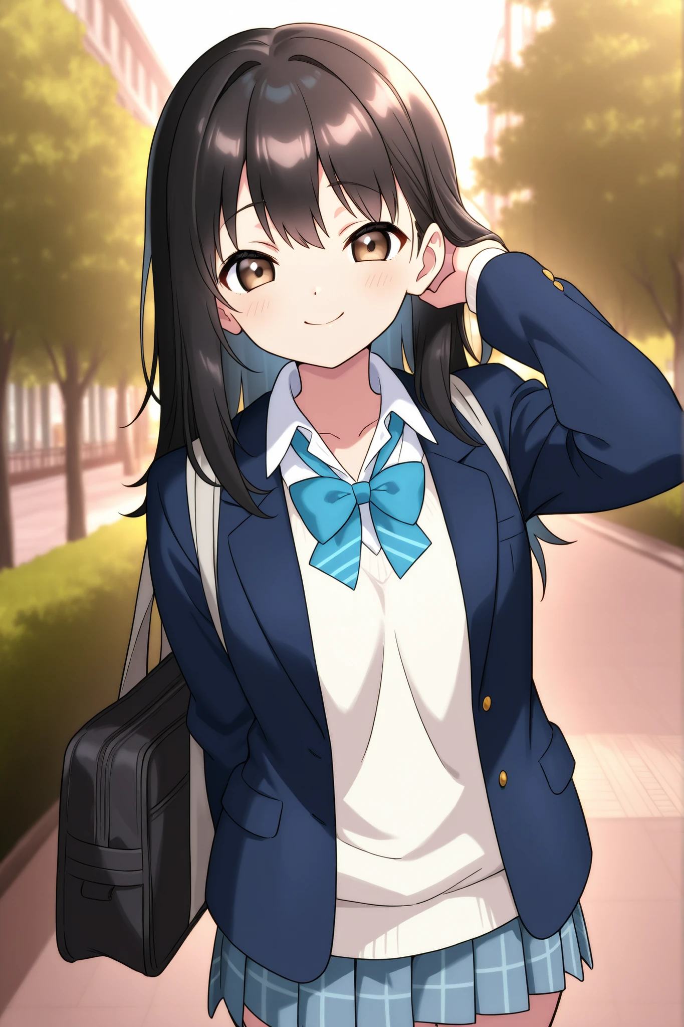 Girl、(dark haired、 college student ) 、((cute、Smile Yan))、Shibuya Scenery、Anime Style、High Definition、High Quality、1girl