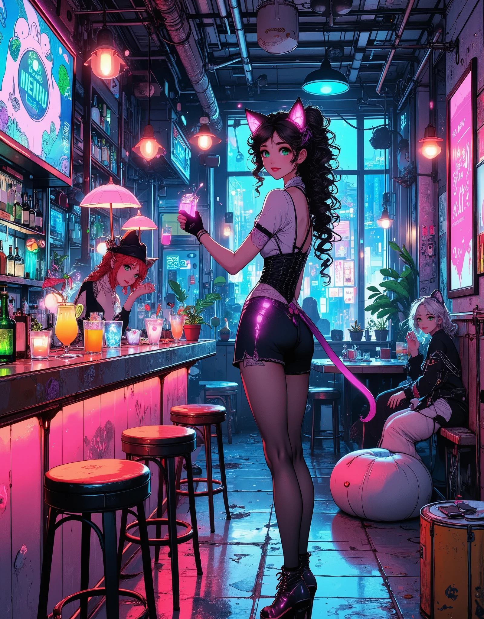 Detailed anime illustration in neon tones depicting a cozy bar for girls-neko . The interior is designed in cyberpunk/futurism style with elements of kawaii aesthetics. The central part is a bar with pink and blue neon lighting, behind which stands a smiling barmaid in a stylish tight-fitting suit with cat ears and a tail. Cocktails with bright gradients and cute decorations (umbrellas, fruits, glowing ice cubes) are on the counter. There are several girls sitting in the bar, some of different types: one with red hair and green eyes, another with silver hair and blue eyes, and the third with Gothic neko with black and purple accents. They all have expressive anime eyes, soft facial features, and playful poses. Background: behind the bar there are shelves with futuristic bottles, flickering holograms with menus, poufs in the form of cat paws on the floor, snacks in the form of fish and hearts on the tables, twinkling particles resembling stars in the air.a window with a view of the night city with neon signs. There is graffiti with cat motifs on the walls, glowing inscriptions in Japanese. Comfort, fun, playfulness. Perspective: Slightly from above to capture the interior. Lighting: a combination of neon lights (pink, blue, purple) and soft warm lighting, creating an atmosphere of a cheerful and inviting place. The style is highly detailed anime art with smooth shadows, highlights and a light glow effect.