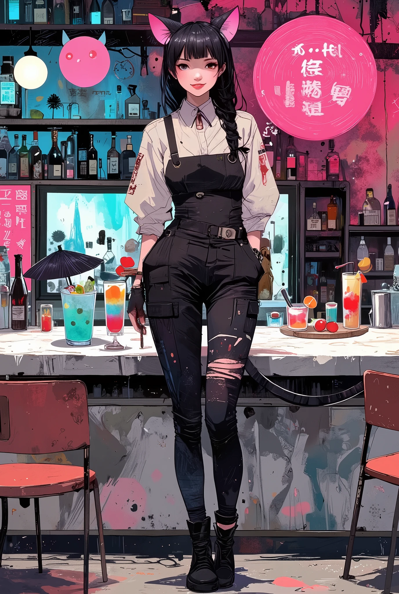 Detailed anime illustration in neon tones depicting a cozy bar for girls-neko . The interior is designed in cyberpunk/futurism style with elements of kawaii aesthetics. The central part is a bar with pink and blue neon lighting, behind which stands a smiling barmaid in a stylish tight-fitting suit with cat ears and a tail. Cocktails with bright gradients and cute decorations (umbrellas, fruits, glowing ice cubes) are on the counter. There are several girls sitting in the bar, some of different types: one with red hair and green eyes, another with silver hair and blue eyes, and the third with Gothic neko with black and purple accents. They all have expressive anime eyes, soft facial features, and playful poses. Background: behind the bar there are shelves with futuristic bottles, flickering holograms with menus, poufs in the form of cat paws on the floor, snacks in the form of fish and hearts on the tables, twinkling particles resembling stars in the air.a window with a view of the night city with neon signs. There is graffiti with cat motifs on the walls, glowing inscriptions in Japanese. Comfort, fun, playfulness. Perspective: Slightly from above to capture the interior. Lighting: a combination of neon lights (pink, blue, purple) and soft warm lighting, creating an atmosphere of a cheerful and inviting place. The style is highly detailed anime art with smooth shadows, highlights and a light glow effect.