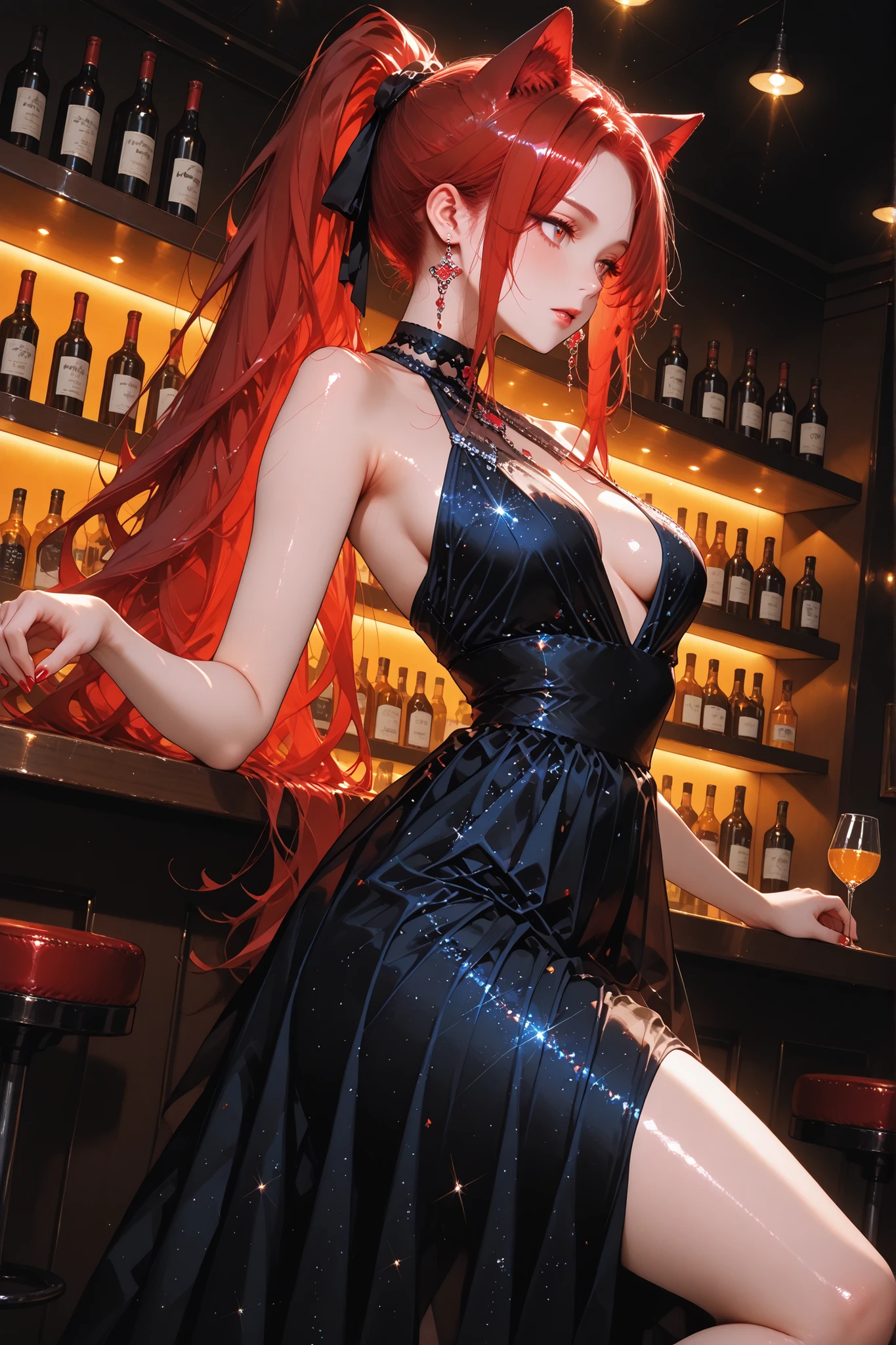 masterpiece, best quality, very aesthetically pleasing, high contrast, newest , 1 divinely beautiful cat girl( Necco), (girl with cat ears and a ponytail), hair tied in ponytails, red hair, shiny hair, dressed in a beautiful bohemian evening dress. dynamic pose, dynamic angle, dynamic composition, bright colour, glowing hair, shiny red hair, soft ambient lighting, dancing in a bar, The next level is sophistication and refinement, super detailed, more texture, glitter brightness.