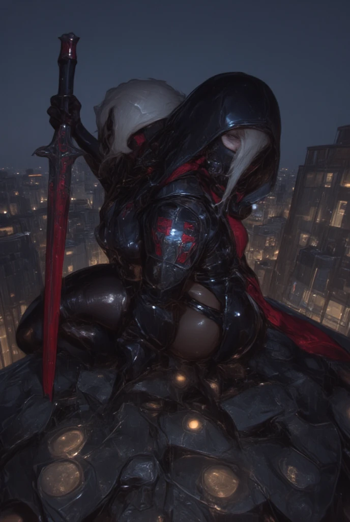 Masterpiece, girl:1.1,young woman,white skin,(cape,black suit,mask),wan assassin,whole body covered,(full body:1.4), panorama shot:1.2,dark shadow,demonic color,red moon lighting,walking on the roof,nightmare,short hair,cinematic lighting, sharp focus, highly detailed,hot colors,large breast:1.2,(on the roof:1.4)