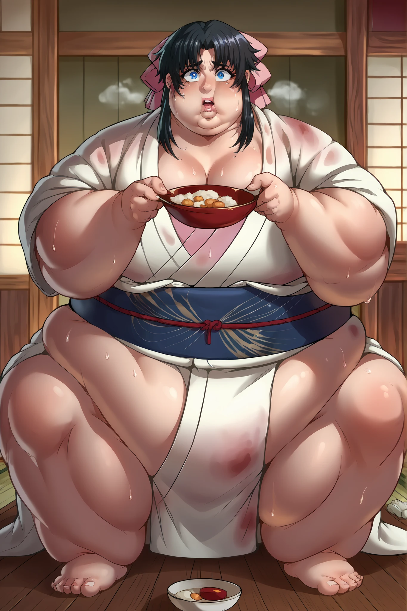 （masterpiece、best quality、Super quality、Perfect anatomical structure、detailed、Intricate details、Impeccable attention to detail、Excellent execution、Big breasts beauty、upscale、Perfect craftsmanship、Performance Arts：1.3），（fat、Chubby、Plum：3.45）， 2 girls， Black hair color, White hair, By Bangs, Wide waist, Wide body,Cat ear，Huge belly，The abdomen is divided into two layers，The belt is tightening the belly，sitting in water，The belt is tightening the belly，Hip-covering skirt：3），Tight fabric on chest，Chubby，Heavy stomach，hot spring，Two fat cat women huddled together face to face，sitting in water，Skirt rip，hot spring，Eating，hot spring，Tight fabric on chest，kimono，The skirt is tight on the lower abdomen，hot springkimono，kimono，Anime cat girl huge intestines eat a lot of food and intestines on the table - car，Swollen stomach