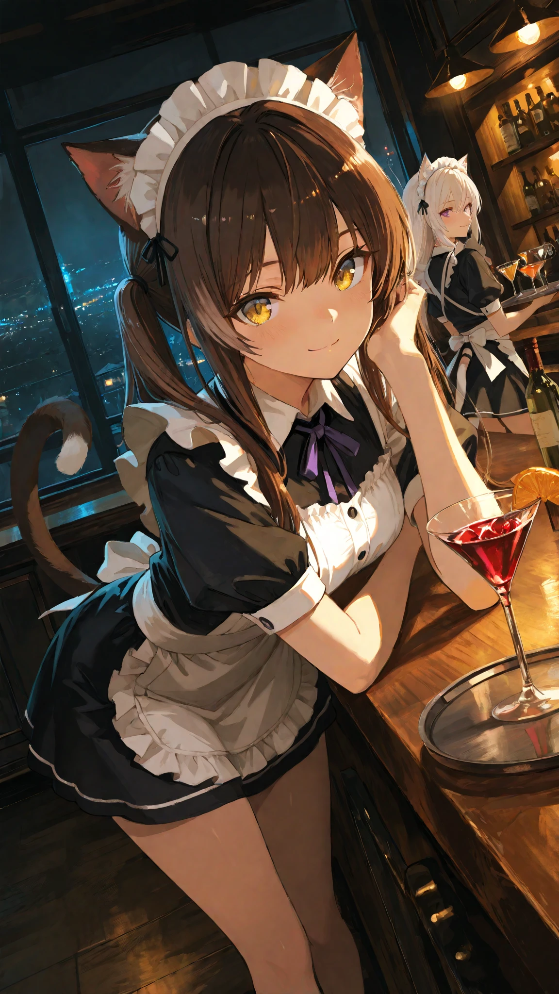 ((masterpiece, best quality)),(illustration),(detailedlight),1girl,Tokai Teio,horse ears,horse girl,brown hair,long hair,high ponytail,streaked_hair,multicolored_hair,blue eyes,maid dress,maid headdress, bar,indoors,light smile,