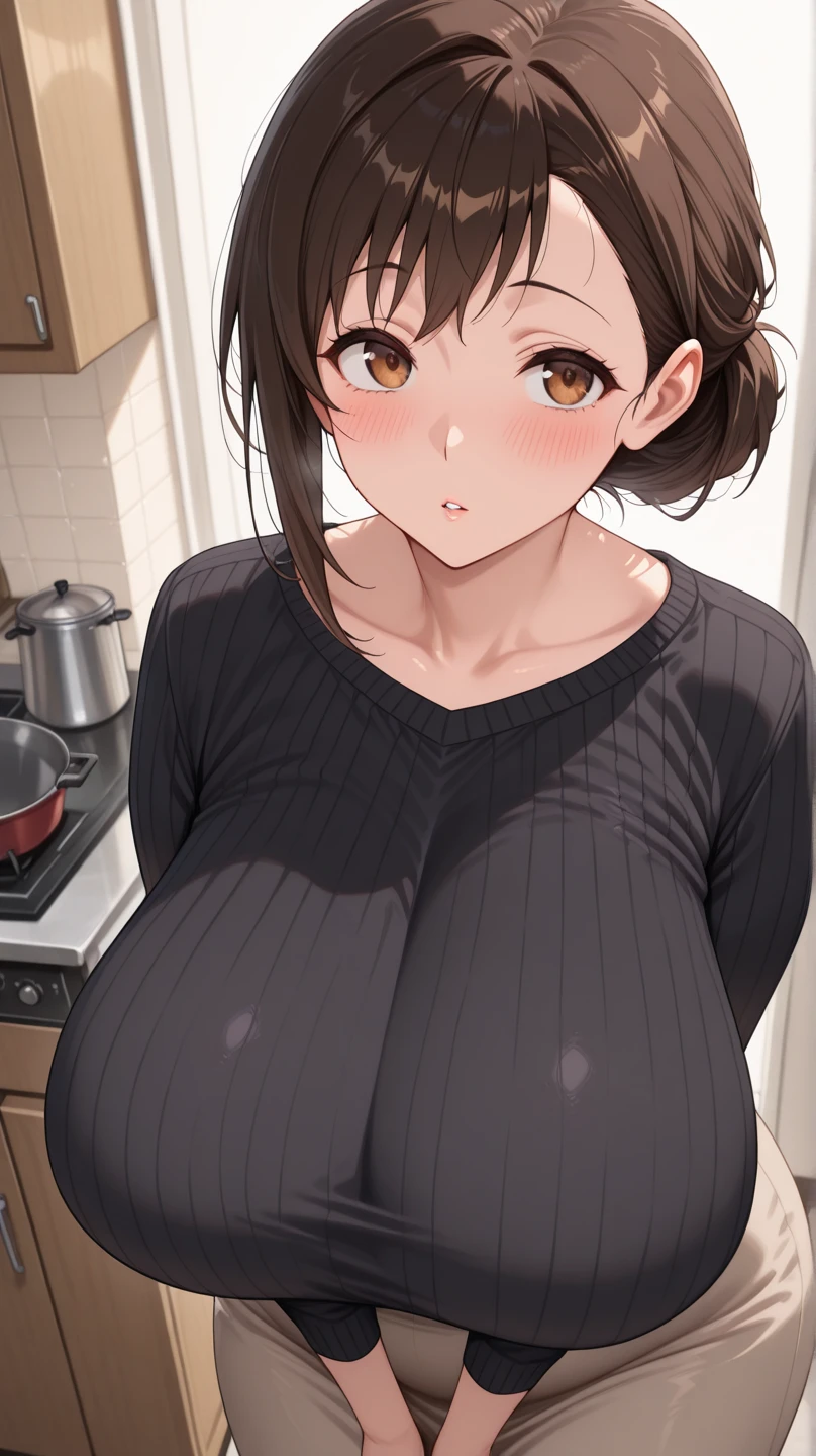 masterpiece, yor, 1girl, Amazing Cleavage:1.3, thin waist, big ass, Raised sexy, medium breast: 1.3 posed cleavage:1.2、solo, looking at viewer, open mouth, have a cup of coffee,black hair, red eyes, dress, bare shoulders, jewelry, collarbone, sidelocks, hairband, earrings, indoors, off shoulder, :o, sweater, arms behind back, plant, short hair with long locks, white hairband, off-shoulder dress, sweater dress, off-shoulder sweater, red sweater, big side hair, very long side hair,is rendered in (masterpiece: 1.2, best quality), with (ultra high resolution) and an exquisite (depth of field). This masterpiece is not only visually stunning but also tells, make of cooking some cakes ,in the kitchen,open mouth smile((leather thigh high boots))(garter belt),((black hair)),blush、surprised face,
