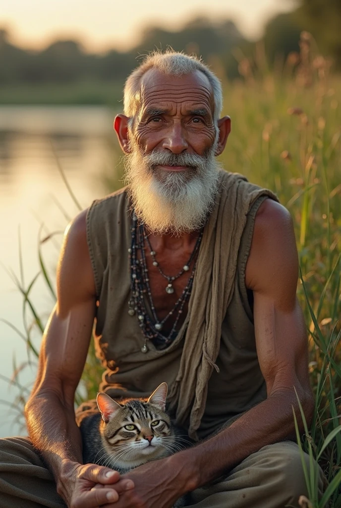 Photorealism 1.4 realistic realism high detailed definition Malaysia native aboriginal orang asli old man sitting and smoking wear short shirtless dark skin kitten beside evening mode curly messy hair dark skin necklace and hand accessories from rattan clean shave smoke effect clear images 8k